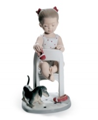 Puppy love. A little girl plays footsie with a furry friend, kicking off her red slippers in a cute Lladro figurine for parents and pet owners. Puppy love. A little girl plays footsie with a furry friend, kicking off her red slippers in a cute Lladro figurine for parents and pet owners.