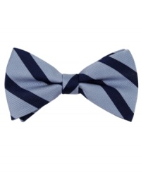 Add some big-boy polish to his suit or dress shirt with this Tommy Hilfiger striped bow tie. Add some big-boy polish to his suit or dress shirt with this Tommy Hilfiger striped bow tie.