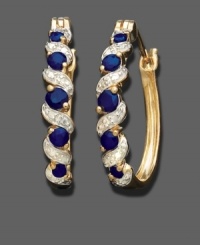 Sultry round-cut sapphire (5/8 ct. t.w.) cascades down these hoop earrings featuring diamond accents in 18k gold over sterling silver. Approximate drop: 3/4 inch. Approximate diameter: 1/2 inch. Sultry round-cut sapphire (5/8 ct. t.w.) cascades down these hoop earrings featuring diamond accents in 18k gold over sterling silver. Approximate drop: 3/4 inch. Approximate diameter: 1/2 inch.