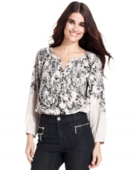 Style&co.'s petite blouse has a romantic feel with a floral scroll print and pintuck pleated details. Style&co.'s petite blouse has a romantic feel with a floral scroll print and pintuck pleated details.