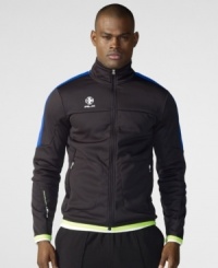 Sleek microfleece lends athletic style and lightweight comfort to a sporty track jacket, finished with pops of neon and race-inspired graphics. Sleek microfleece lends athletic style and lightweight comfort to a sporty track jacket, finished with pops of neon and race-inspired graphics.
