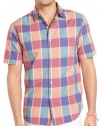 IZOD Men's Short Sleeve Pointed Collar Plaid Button Down