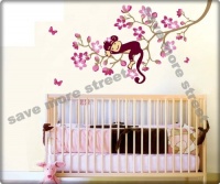 WallStickersUSA Wall Sticker Decal, Hanging Monkey with Pink Flowers WallStickersUSA Wall Sticker Decal, Hanging Monkey with Pink Flowers