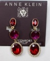 Anne Klein Gold Tone / Magenta Red Clear Beaded EZ Comfort Clip Earrings