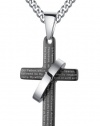 Stainless Steel Men's Cross W. Lord's Prayer in English and Halo Ring Pendant Necklace with Curb Chain (Black and Silver Color) - G2005h3