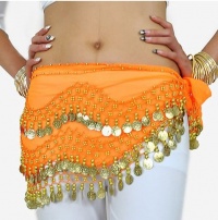 Chiffon Dangling Gold Coins Belly Dance Hip Scarf, Vogue Style -orange Chiffon Dangling Gold Coins Belly Dance Hip Scarf, Vogue Style -orange