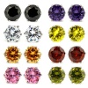 8 Mixed Color (White, Red, Jet Black, Tanzanite, Peridot, Citrine, Light Rose, Topaz) Wholesale Lot Cz Crystal Stainless Steel Earrings Studs. Nickel-free. Lead-free. 2 Carats Each Pair. 6mm Diameter