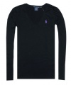 Polo Ralph Lauren Women's V-Neck Long Sleeve Shirt-Black-Small