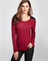 GUESS Women's Long-Sleeve Faux-Leather Contrast Top, RED WINE (XS)