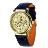 Mens Mechanical Skeleton Watch Hand Wind Up Gold Dial Black Leather Strap MW-06