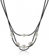 Majorica 8/10mm White Round Pearls on 3 Row Leather Necklace, 17