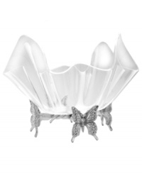 Invite fresh whimsy to the table on the wings of this Butterfly serving bowl from Arthur Court's collection of serveware and serving dishes. Radiant aluminum butterflies form a base for an acrylic bowl in a graceful, wavy shape. A striking centerpiece for any table! Invite fresh whimsy to the table on the wings of this Butterfly serving bowl from Arthur Court's collection of serveware and serving dishes. Radiant aluminum butterflies form a base for an acrylic bowl in a graceful, wavy shape. A striking centerpiece for any table!