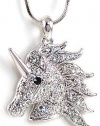 Super Cute 1.25 Silver Tone Rhodium Plated Unicorn Head Necklace with Clear Embellished Crystals