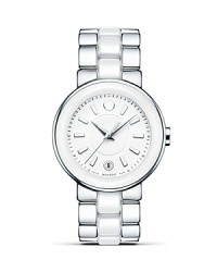 A chic pairing of stainless steel with white ceramic makes this MOVADO timepiece a modern classic. A chic pairing of stainless steel with white ceramic makes this MOVADO timepiece a modern classic.