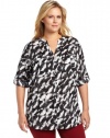 Calvin Klein Women's Plus-Size Printed Crew Roll Sleeve Blouse, Eggshell/Black Etched Facade, 2X