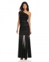 HALSTON HERITAGE Women's One Shoulder Gown with Velvet Stripes and Sheer Skirt, Black, 6