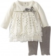 Nannette Baby-Girls Newborn 2 Piece Dotted Bow Dress Legging Set, Beige, 6-9 Months