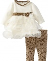 Nannette Baby-Girls Newborn 2 Piece Animal Print Ruffle Dress Legging Set, Beige, 6-9 Months