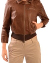 Bird by Juicy Couture Women's Bomber Leather Jacket Tobacco Brown MD