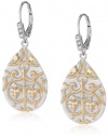 18k Yellow Gold Plated Sterling Silver Two-Tone Swarovski Crystal Filigree Lever Back Teardrop Earrings