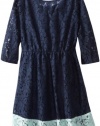 Ella Moss Girl Girls 7-16 Victoria Long Sleeve Lace Dress With Contrast Border, Navy, 10