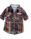 GUESS Kids Baby Boy Long-Sleeve Plaid Shirt with Solid Trim (12-24m), PLAID (18M)