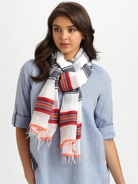 A lightweight, gauzy style with a fringe accent. 85% cotton/15% acrylicAbout 80 X 20Hand wash or dry cleanImported A lightweight, gauzy style with a fringe accent. 85% cotton/15% acrylicAbout 80 X 20Hand wash or dry cleanImported