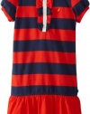 Nautica Girls 7-16 Short Sleeve Rugby Stripe Dress with Double Ruffle Placket, True Red, 7