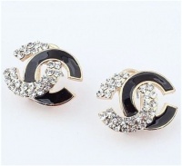 Angel Stars Gold Plated Australian Crystals and Black Enamel Double Cc C C Stud Earrings Angel Stars Gold Plated Australian Crystals and Black Enamel Double Cc C C Stud Earrings
