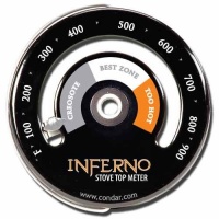Inferno Stove Top Meter (3-30) thermometer calibrated to measure temperatures on stove top. Rich black porcelain enamel. Stylish new design featuring gray, white, and orange recommended burn-temperature zones. Helps you conserve wood and avoid excess creo Inferno Stove Top Meter (3-30) thermometer calibrated to measure temperatures on stove top. Rich black porcelain enamel. Stylish new design featuring gray, white, and orange recommended burn-temperature zones. Helps you conserve wood and avoid excess creo