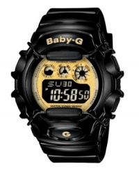 Tough meets sweet with this bumblebee shaded watch from Baby-G. Crafted of black resin strap and round case. Gold tone logo at bezel. Gold-tone, shock-resistant, digital display dial features EL backlight, world time, four daily alarms and snooze option, hourly time signal, stopwatch, countdown timer and 12/24-hour formats. Quartz movement. Water resistant to 100 meters. One-year limited warranty. Tough meets sweet with this bumblebee shaded watch from Baby-G. Crafted of black resin strap and round case. Gold tone logo at bezel. Gold-tone, shock-resistant, digital display dial features EL backlight, world time, four daily alarms and snooze option, hourly time signal, stopwatch, countdown timer and 12/24-hour formats. Quartz movement. Water resistant to 100 meters. One-year limited warranty.