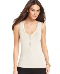 T Tahari's petite tank is taken for a sleek modern spin with a satin-trimmed neck, contrasting piping and a zipped front placket. Great as a layer or to be worn solo! T Tahari's petite tank is taken for a sleek modern spin with a satin-trimmed neck, contrasting piping and a zipped front placket. Great as a layer or to be worn solo!