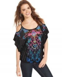 Punch-up your day look with a poncho-style top from Almost Famous that unites a colorful mosaic print with stripes of sequins! Punch-up your day look with a poncho-style top from Almost Famous that unites a colorful mosaic print with stripes of sequins!
