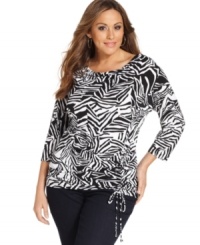 Pair your favorite jeans with Jones New York Signature's three-quarter sleeve plus size top, accented by a draped neckline and drawstring hem. Pair your favorite jeans with Jones New York Signature's three-quarter sleeve plus size top, accented by a draped neckline and drawstring hem.