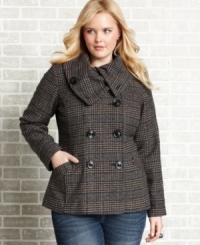 Layer on sophisticated style with Dollhouse's plus size tweed jacket, featuring a double-breasted design.