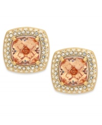 A lovely dose of golden color adds beauty to this shapely earring style from Eliot Danori. A square-cut cubic zirconia (6 ct. t.w.) in peach hues is surrounded by crystal accents. Crafted in 18k gold-plated brass. Approximate diameter: 1/2 inch.