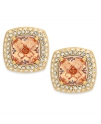 A lovely dose of golden color adds beauty to this shapely earring style from Eliot Danori. A square-cut cubic zirconia (6 ct. t.w.) in peach hues is surrounded by crystal accents. Crafted in 18k gold-plated brass. Approximate diameter: 1/2 inch. A lovely dose of golden color adds beauty to this shapely earring style from Eliot Danori. A square-cut cubic zirconia (6 ct. t.w.) in peach hues is surrounded by crystal accents. Crafted in 18k gold-plated brass. Approximate diameter: 1/2 inch.