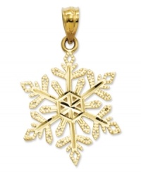 As unique as you are. This stunning diamond-cut snowflake is crafted in 14k gold. Approximate length: 1 inch. Approximate width: 6/10 inch.