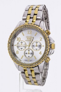 KARMAS CANVAS COLLECTION CRYSTAL BEZEL CHRONO STYLE FASHION WATCH (Rhodium/Gold) KARMAS CANVAS COLLECTION CRYSTAL BEZEL CHRONO STYLE FASHION WATCH (Rhodium/Gold)