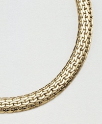 This dramatic necklace glows with the luster of polished 14k yellow gold in a richly detailed mesh design. With secure C-ring fashion clasp. Length measures 17 inches.