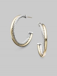 From the Crossover Collection. An arc of sterling silver crisscrosses one of 18k yellow gold in graceful half hoops. Sterling silver and 18k yellow gold Diameter, about 1 Post back From the Crossover Collection. An arc of sterling silver crisscrosses one of 18k yellow gold in graceful half hoops. Sterling silver and 18k yellow gold Diameter, about 1 Post back