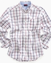 He'll love getting dressed in a sport shirt that's got all the grown-up details: Checked long-sleeved woven from Tommy Hilfiger with full button front closure and left chest pocket with Tommy flag embroidery. He'll love getting dressed in a sport shirt that's got all the grown-up details: Checked long-sleeved woven from Tommy Hilfiger with full button front closure and left chest pocket with Tommy flag embroidery.