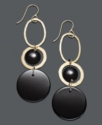 Give new life to your look with bold drops in polished black. Earrings feature a chic geometric design in 14k gold, with round-cut onyx accents (22 mm). Approximate length: 2-3/4 inches. Give new life to your look with bold drops in polished black. Earrings feature a chic geometric design in 14k gold, with round-cut onyx accents (22 mm). Approximate length: 2-3/4 inches.