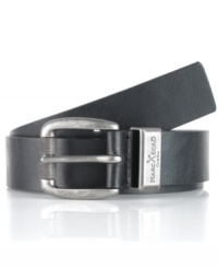 With a cool, chunky buckle, this Marc Ecko leather belt gives an ordinary outfit a little extra heft. With a cool, chunky buckle, this Marc Ecko leather belt gives an ordinary outfit a little extra heft.