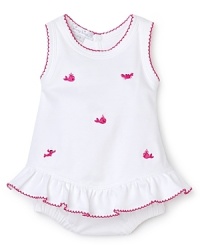 Adorned elegantly with contrasting ric rac trim and crab embroidery, this adorable skirted bodysuit will announce her fabulous summer look with style. Adorned elegantly with contrasting ric rac trim and crab embroidery, this adorable skirted bodysuit will announce her fabulous summer look with style.