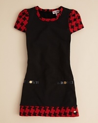 Oversized houndstooth trim updates a classic ponte dress for the 21st century. Oversized houndstooth trim updates a classic ponte dress for the 21st century.