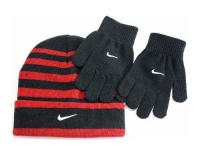 Nike Kids Boy's 4/7 Striped Beanie Hat & Gloves Set (Black/Varsity Red)