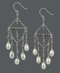 An elaborate accent. These stunning chandelier earrings combine grey (5-1/2 mm) and white (8 mm) cultured freshwater pearls with sparkling hematite beads (18 ct. t.w.) in an intricate sterling silver setting. Approximate drop: 2-1/2 inches. An elaborate accent. These stunning chandelier earrings combine grey (5-1/2 mm) and white (8 mm) cultured freshwater pearls with sparkling hematite beads (18 ct. t.w.) in an intricate sterling silver setting. Approximate drop: 2-1/2 inches.