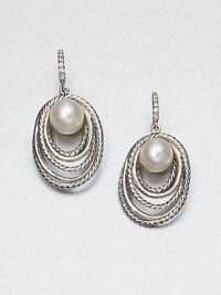 From the Pearl Crossover Collection. Round, lustrous pearls framed by iconic, sterling silver cable rings accented by dazzling diamonds. 8mm-8.5mm round white cultured pearlsSterling silverDiamonds, .09 tcwLever backImported From the Pearl Crossover Collection. Round, lustrous pearls framed by iconic, sterling silver cable rings accented by dazzling diamonds. 8mm-8.5mm round white cultured pearlsSterling silverDiamonds, .09 tcwLever backImported