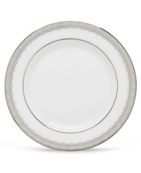 Inspired by the trim on an elegant couture gown, this graceful dinnerware and dishes collection from Lenox features an intricate platinum border that combines harmoniously with white bone china for unparalleled style. Inspired by the trim on an elegant couture gown, this graceful dinnerware and dishes collection from Lenox features an intricate platinum border that combines harmoniously with white bone china for unparalleled style.